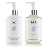 Niven Morgan Blue Hand Soap bottle highlighting refreshing, non-drying formula for daily hands.