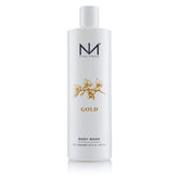 Niven Morgan Gold Body Wash bottle pour highlighting easy dispensing for a quick cleanse.