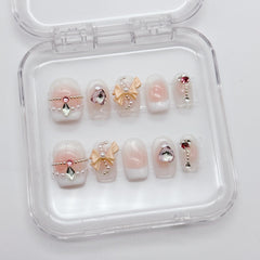 NLSJMP 10-piece size M French bow press-on nails for quick chic manicure.