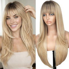 Nnzes Ombre Blonde 26-Inch Wig with Bangs shows natural color blend for daily wear.