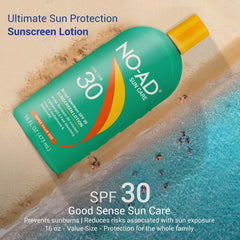 NO-AD SPF30 sunscreen lotion 16oz bottle provides moisturizing Vitamin E and Aloe.