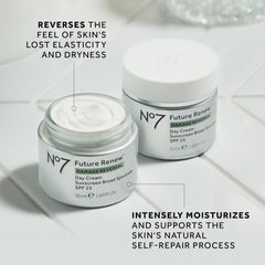 No7 Future Renew face cream with SPF25 applied for lightweight hydration.