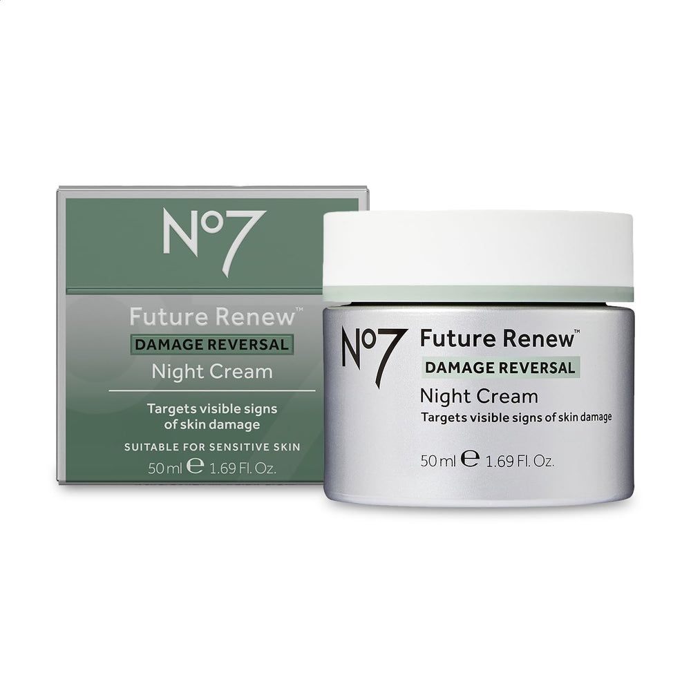 No7 Future Renew night cream bottle shows premium texture for overnight hydration.