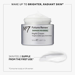 No7 Future Renew night cream peptide blend graphic signals advanced anti-aging benefits.