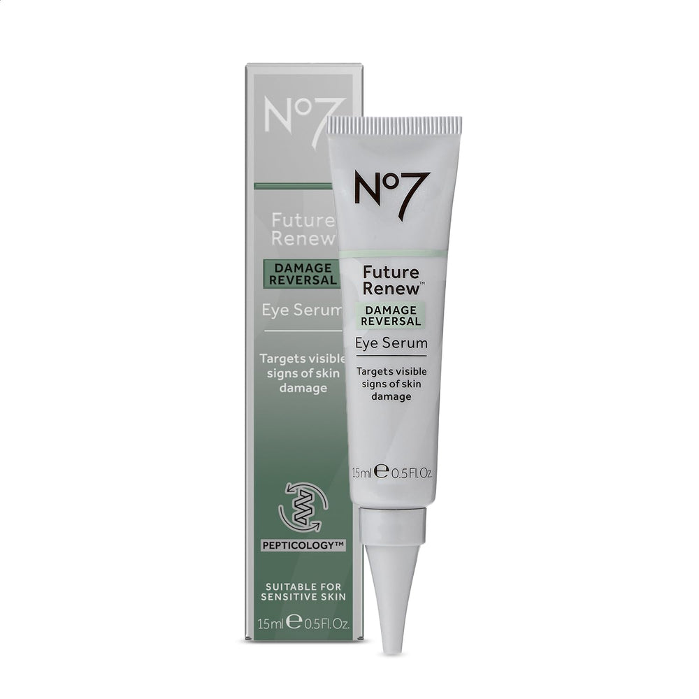 No7 Future Renew Eye Serum bottle close-up highlighting hydrating formula for sensitive under-eye skin.