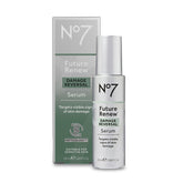No7 Future Renew serum bottle on display highlighting advanced skin repair potential.