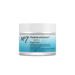 No7 HydraLuminous+ night gel bottle delivering deep overnight hydration.