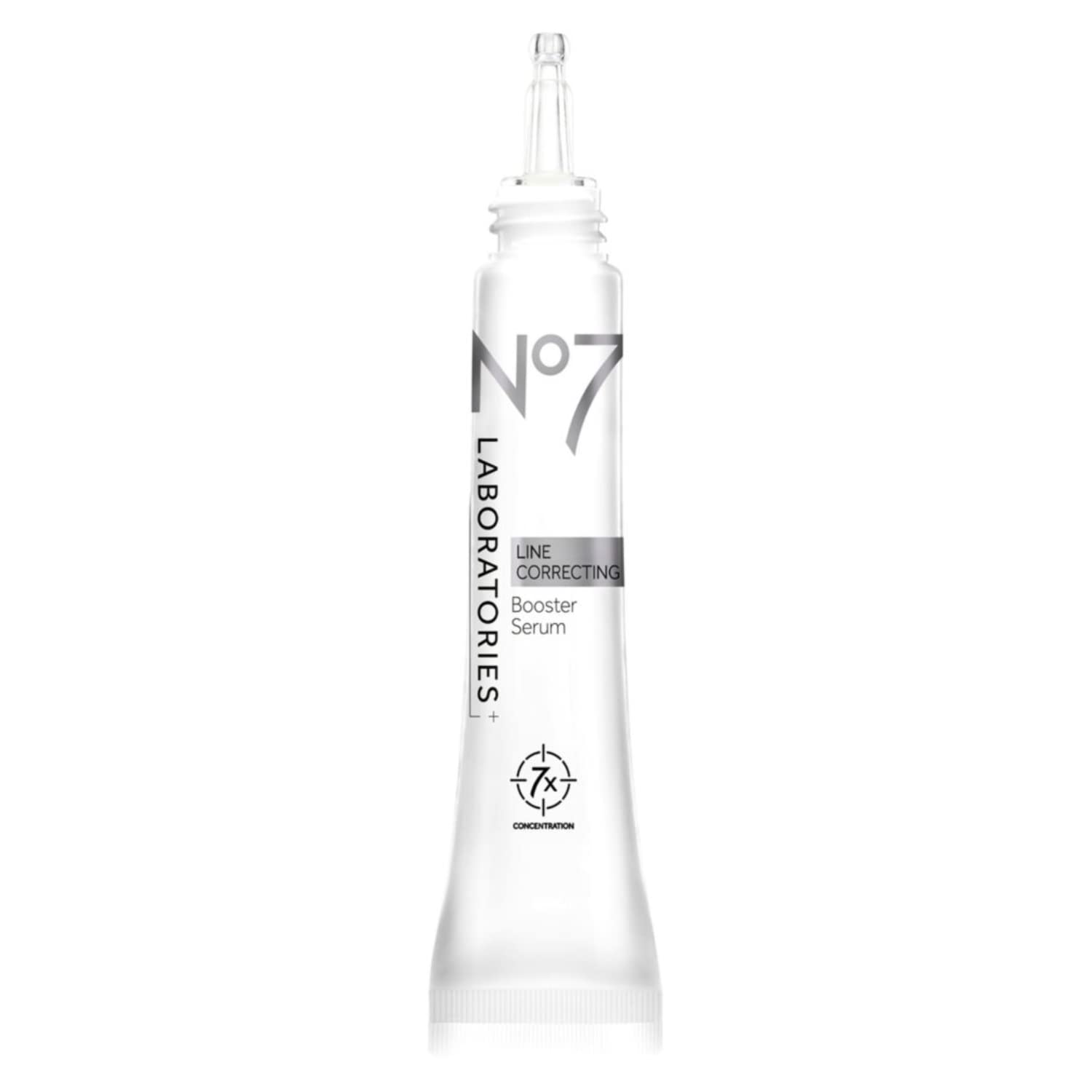 No7 Laboratories Line Correcting Booster Serum bottle targets fine lines for smoother-looking skin.