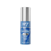 No7 Lift and Luminate serum bottle close-up; brightening and firming benefits.