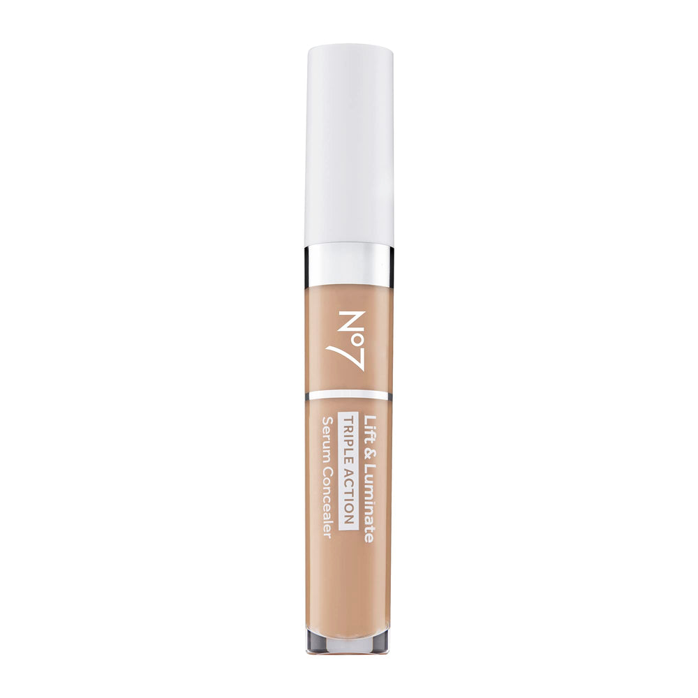 No7 Lift & Luminate concealer in light-medium packaging showing shade range and sleek bottle.