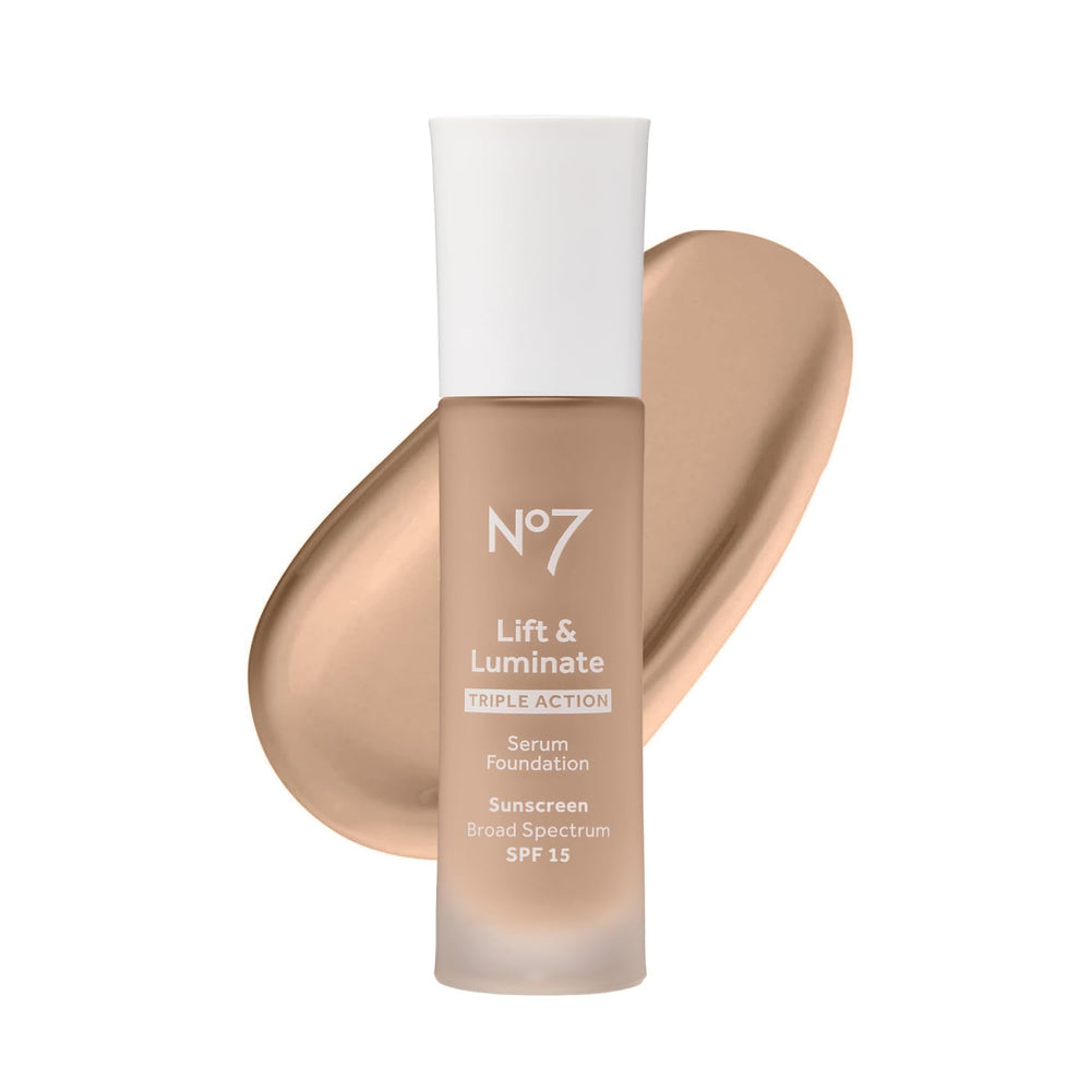 No7 Lift & Luminate foundation bottle glow promotes radiant, even skin.