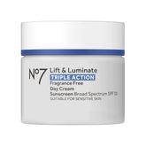 No7 Lift & Luminate packaging close-up highlighting fragrance-free SPF 30 moisturizer