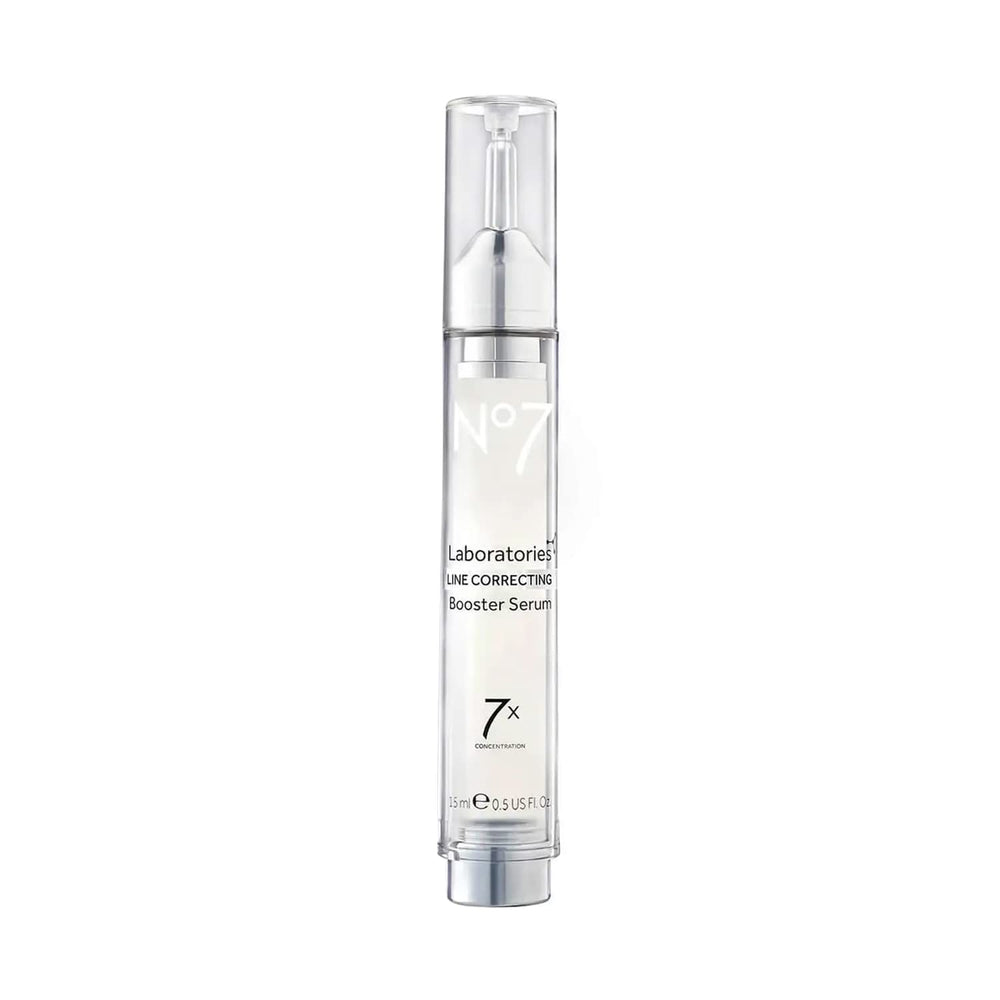 No7 Line Correcting Booster Serum bottle close-up showing premium packaging for radiant skin.