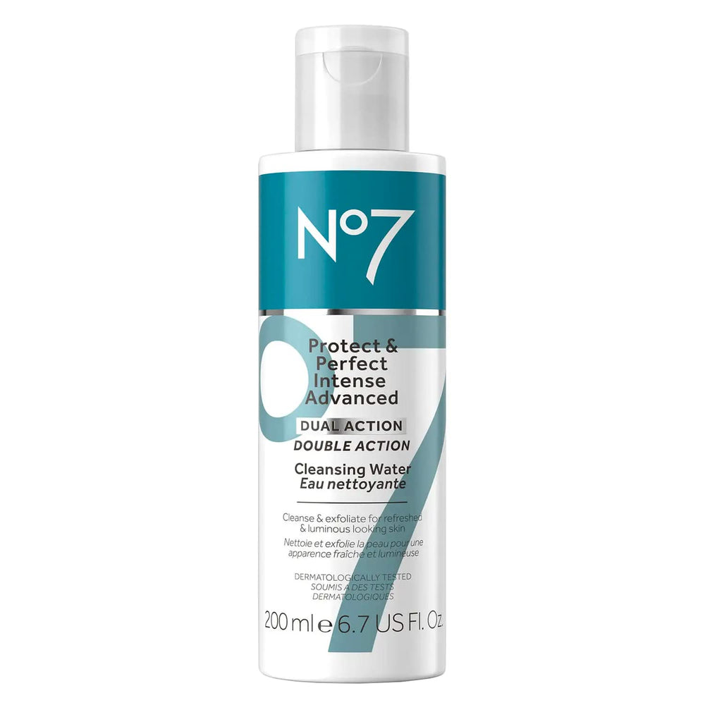 No7 Protect & Perfect cleansing water bottle for gentle makeup removal and hydration.