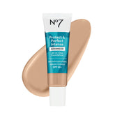 No7 Protect and Perfect foundation bottle close-up in Warm Ivory shade for natural glow