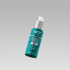 No7 Protect & Perfect Intense Advanced Serum application demonstrates quick absorption for refreshed skincare routine.