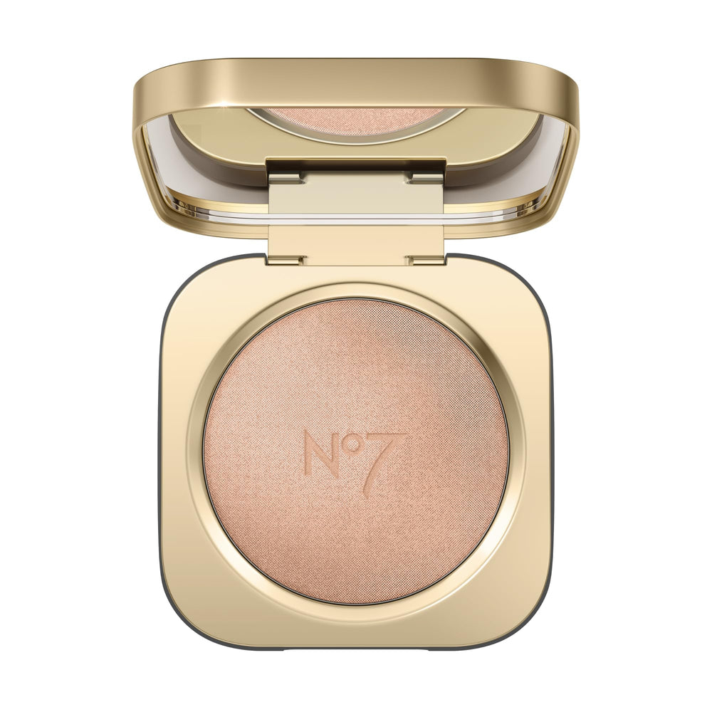 No7 Radiant Glow Powder Highlighter Pink Silk swatch on the cheekbone for a natural luminous glow.