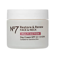 No7 Restore and Renew Face and Neck Day Cream jar close-up for hydrated skin