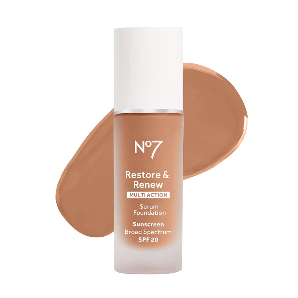 No7 Restore & Renew foundation bottle closeup highlighting premium packaging and shade-ready appeal.