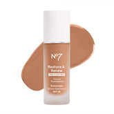 No7 Restore & Renew foundation bottle closeup highlighting premium packaging and shade-ready appeal.