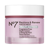 No7 Restore & Renew night cream bottle demonstrates hydration-ready night renewal.