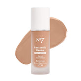 No7 Restore & Renew serum foundation bottle closeup emphasizes skincare-infused makeup
