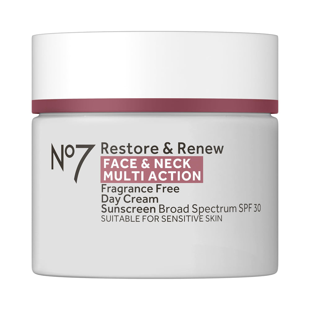No7 Restore & Renew SPF 30 day cream bottle shows hydrating daily protection