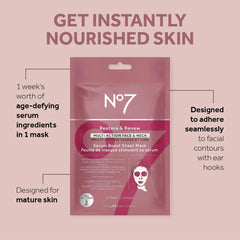 Close-up of No7 Restore and Renew sheet mask showing serum-rich formula.