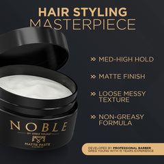 Noble By Greg Young matte paste packaging on shelf demonstrates premium grooming product.