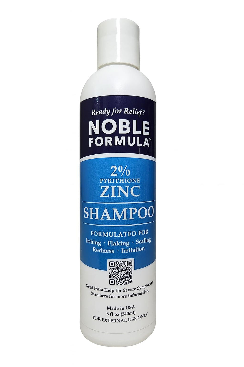 Noble Formula shampoo bottle with 2% pyrithione zinc for medicated scalp care.