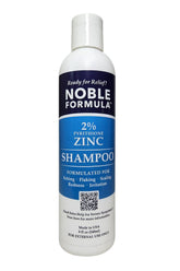 Noble Formula shampoo bottle with 2% pyrithione zinc for medicated scalp care.