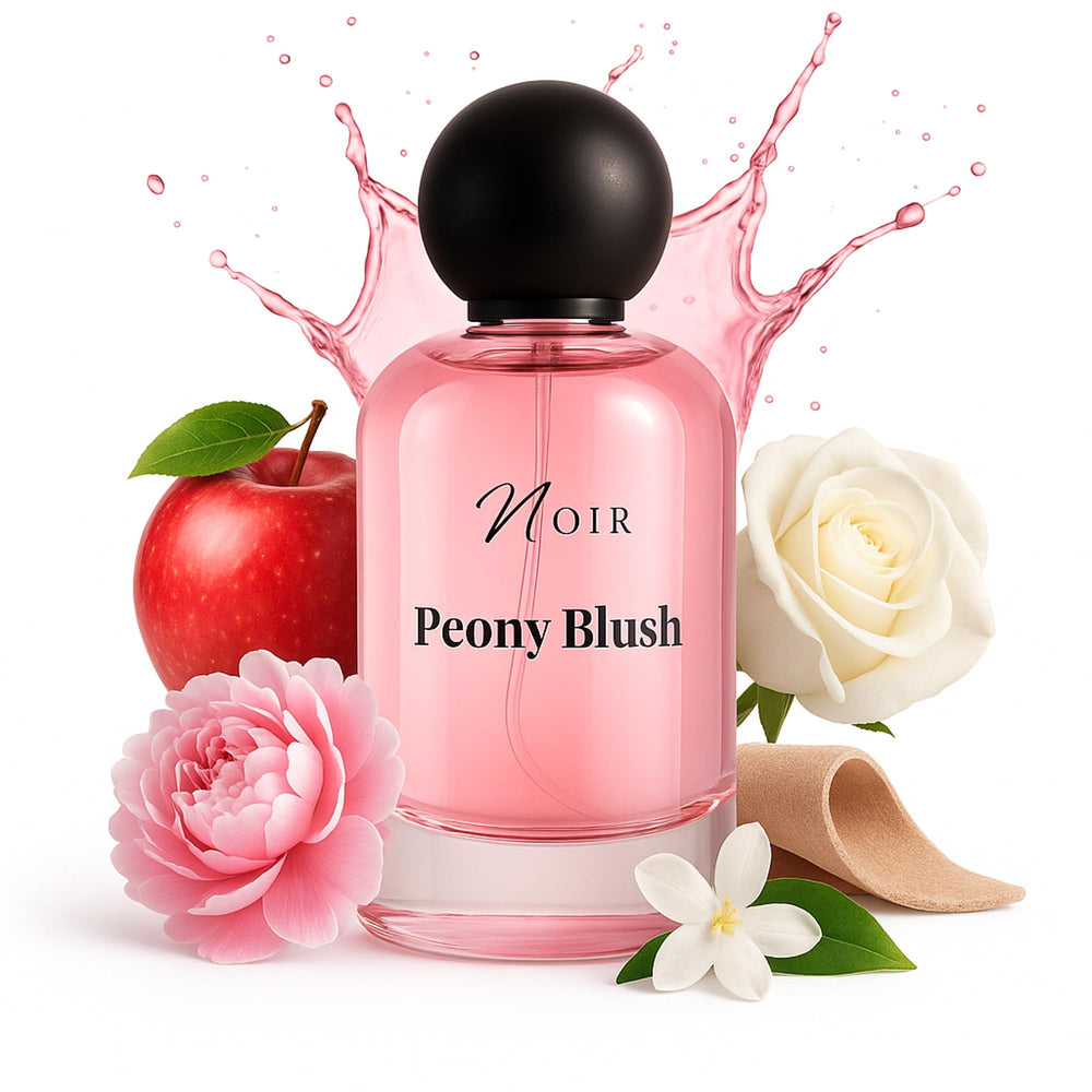 NOIR Peony Blush bottle front, premium packaging hints at a romantic long lasting fragrance