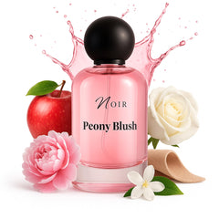 NOIR Peony Blush bottle front, premium packaging hints at a romantic long lasting fragrance