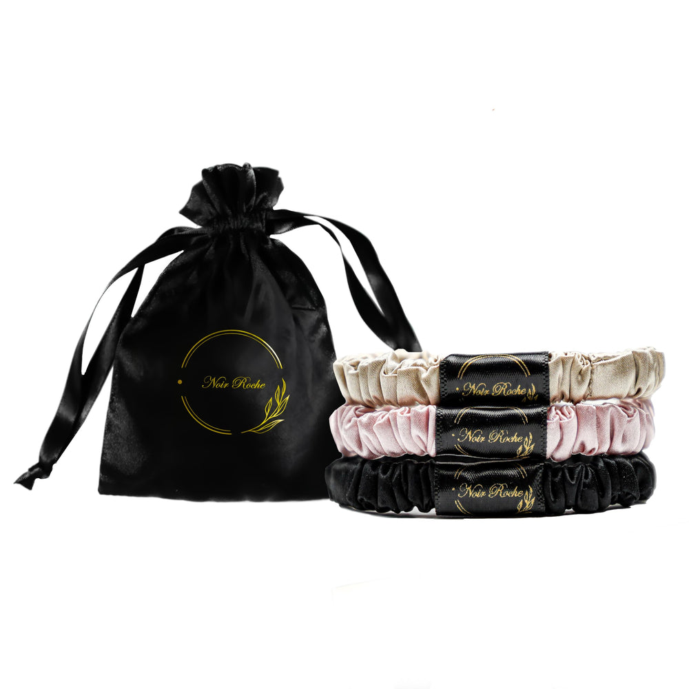 Noir Roche Silk Scrunchies set of three colors for versatile styling and gentle hold.