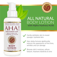 Nonie of Beverly Hills AHA Body Lotion pump-action display highlights easy application