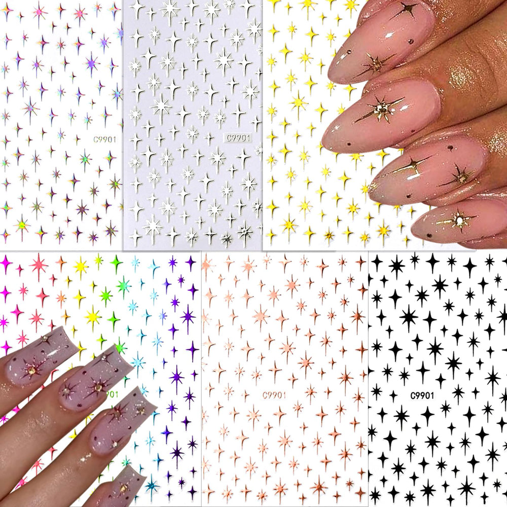 NOOEPC Star Nail Stickers pack showing six color sheets for at-home nail art.