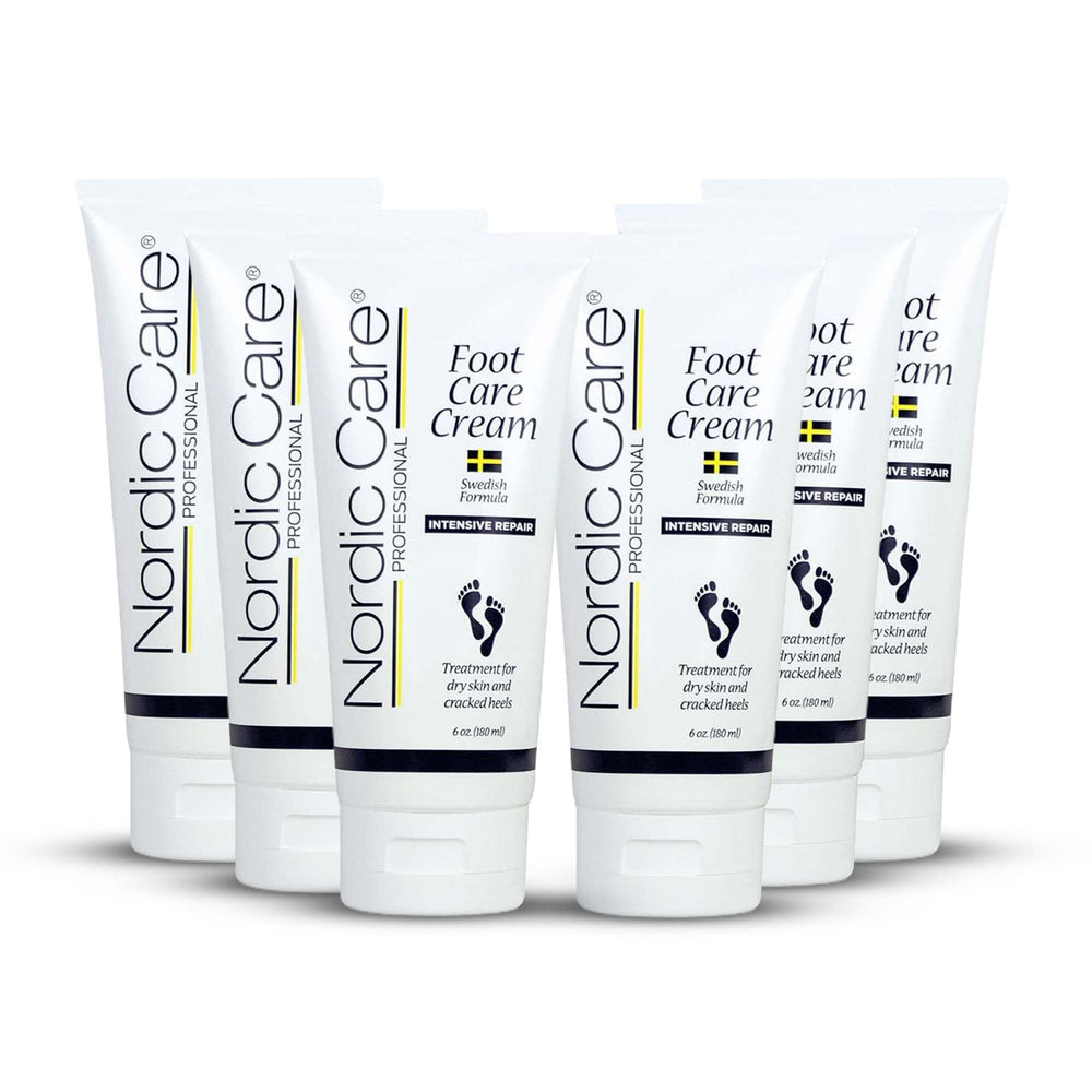 Nordic Care Foot Cream packaging with six bottles supports shared daily foot care.