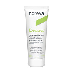 Noreva Exfoliac Repairing Cream 40ml texture close-up emphasizes moisture and comfort.
