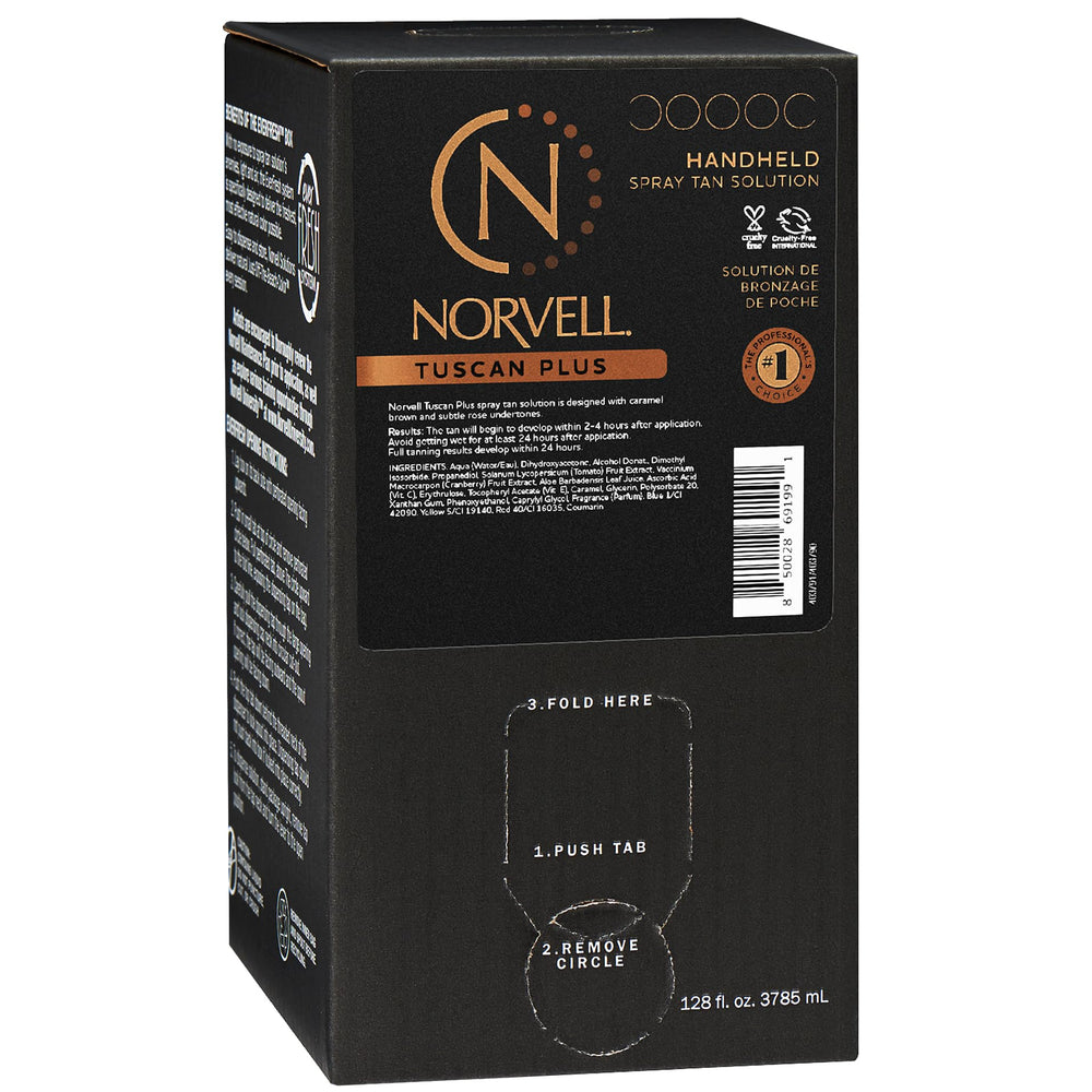 Norvell Tuscan Plus bottle showcases a professional sunless tanning formula for consistent color.