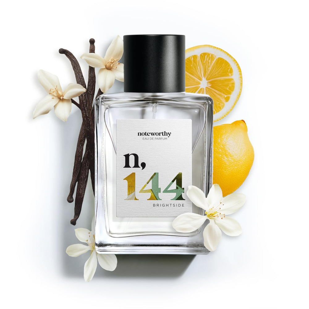 Noteworthy n,144 Brightside bottle-pour highlights a vibrant citrus scent for daytime wear.