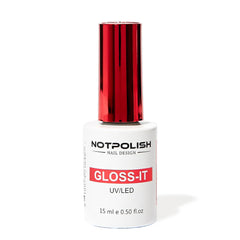 Notpolish Gloss-It Top Coat bottle close-up; conveys mirror-like shine for gel and acrylic nails