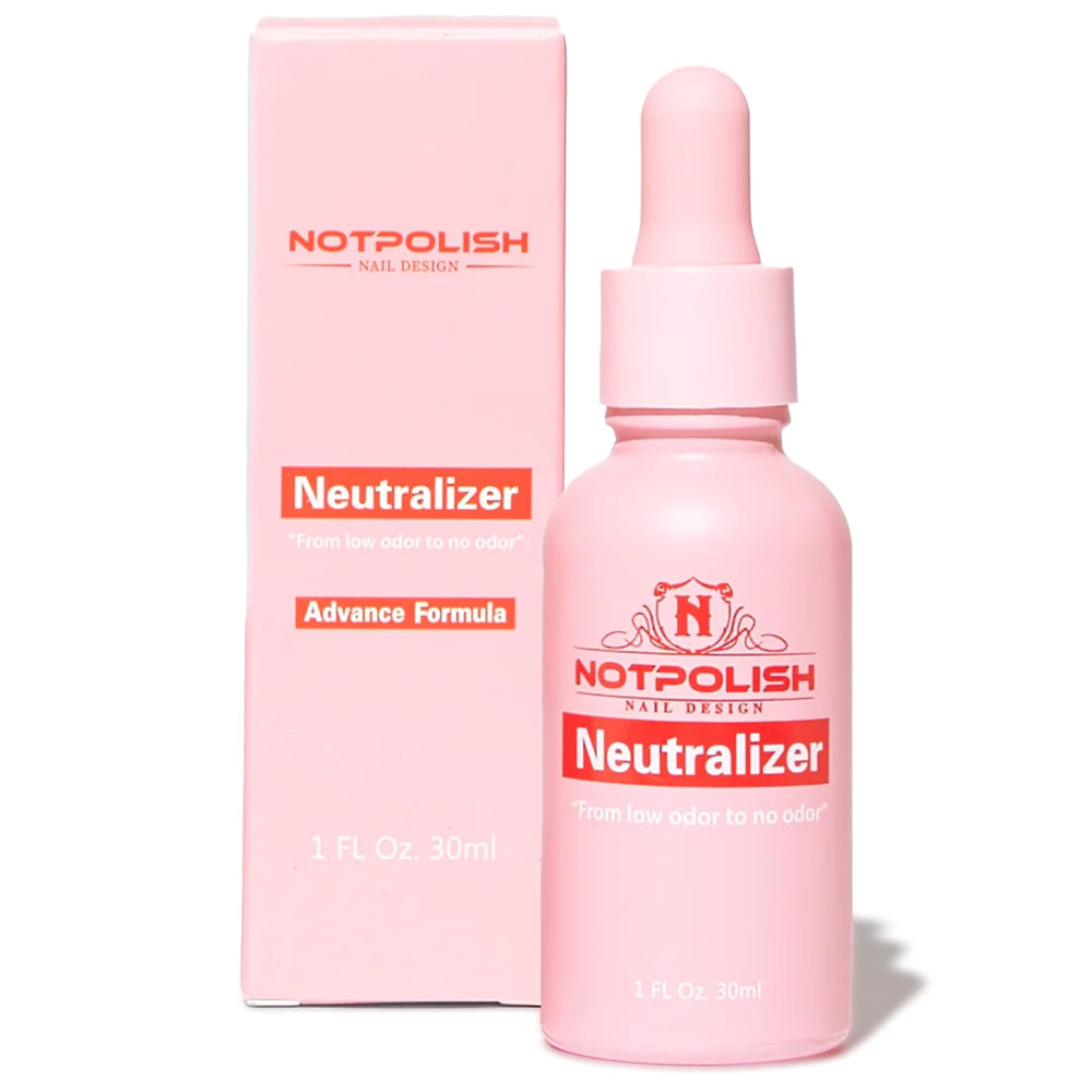 Notpolish Neutralizer peach-scent bottle reduces monomer odor during nails.