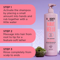 Noughty Wave Hello texture swirl emphasizes plant-powered care for frizz-free definition.