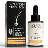 Nourish Mantra hair growth serum bottle closeup with easy-dispense applicator for scalp care.
