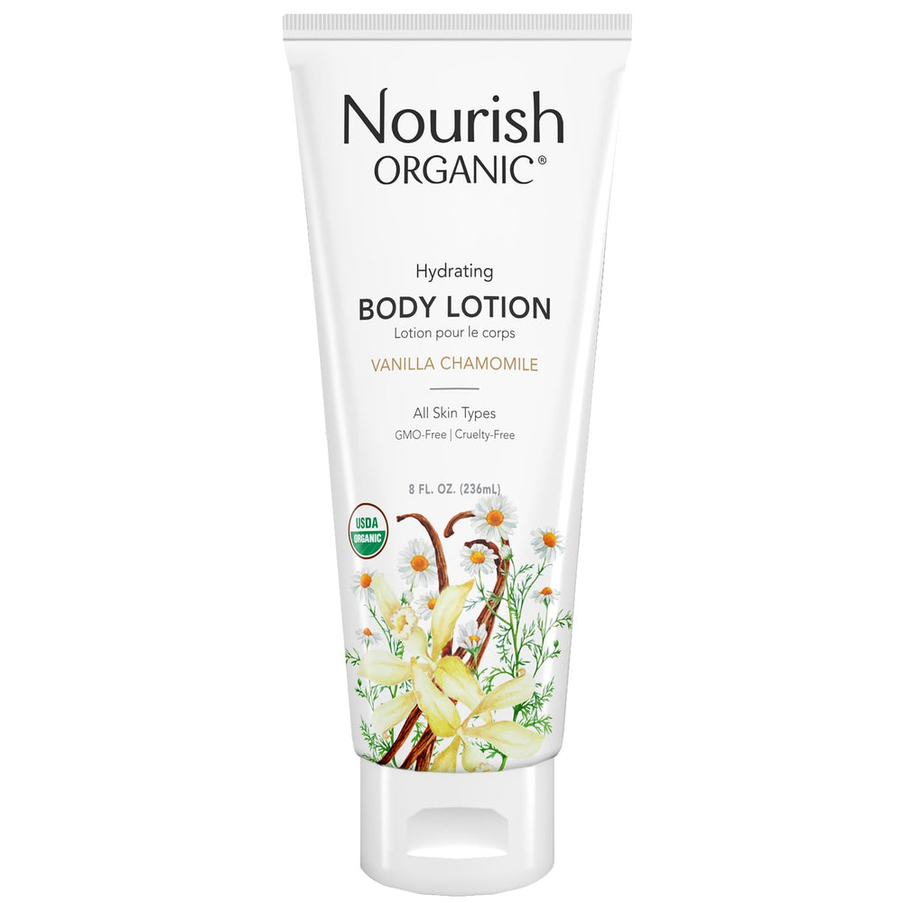 Nourish Organic Almond Vanilla lotion bottle for dry skin hydration.