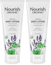 Nourish Organic lavender-mint body lotion bottle for calming daily hydration.