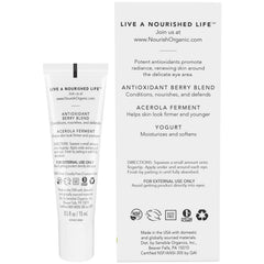 Nourish Organic Eye Treatment bottle with vitamin C highlight brightening potential.