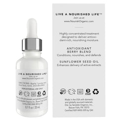 Nourish Organic Face Serum bilberry swirl texture hints at antioxidant nourishment.
