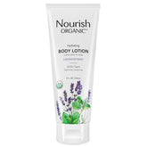 Nourish Organic Lavender Mint Body Lotion bottle for daily hydration after shower.