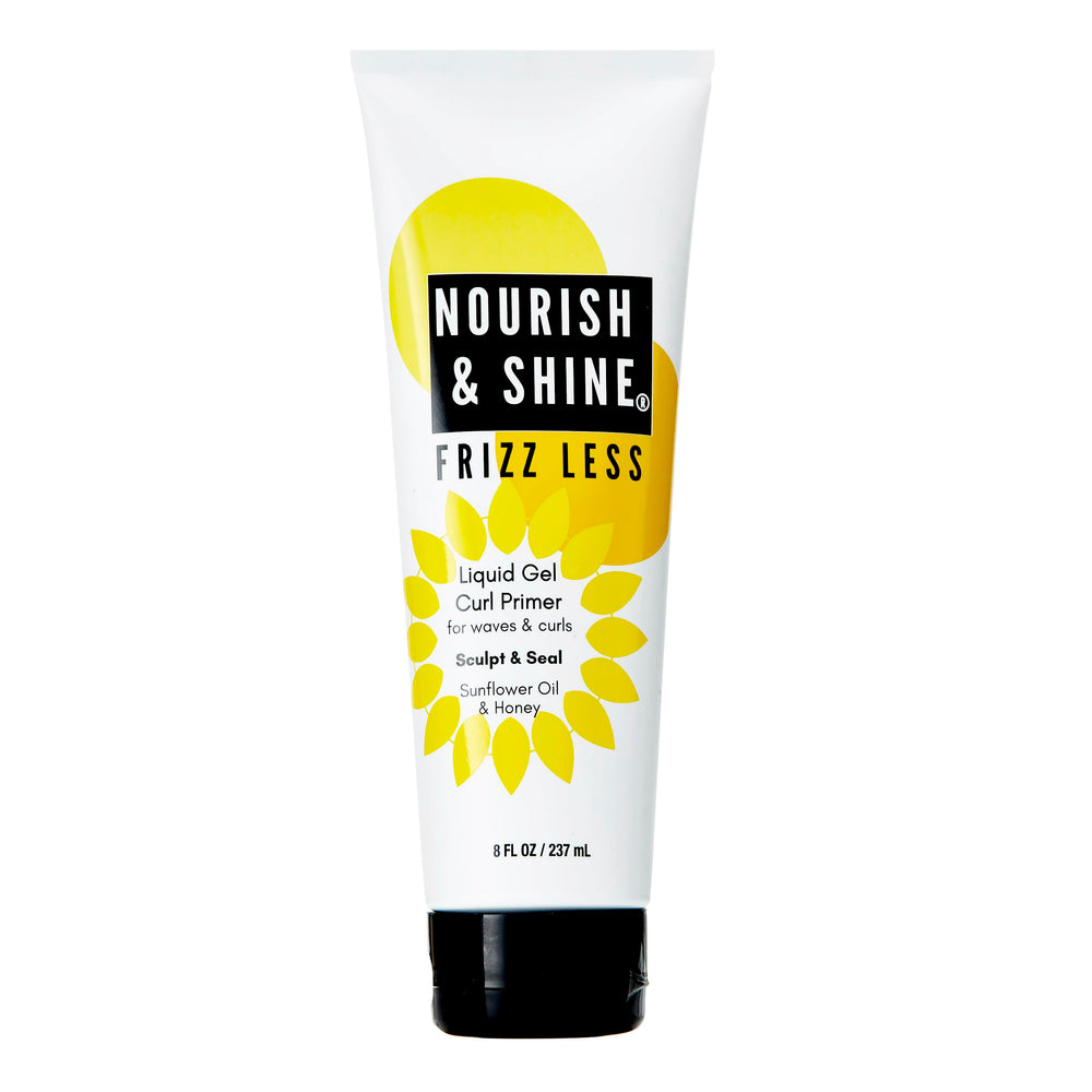 Nourish & Shine Frizz Less Gel Primer bottle pour offers lightweight hydration for waves and curls